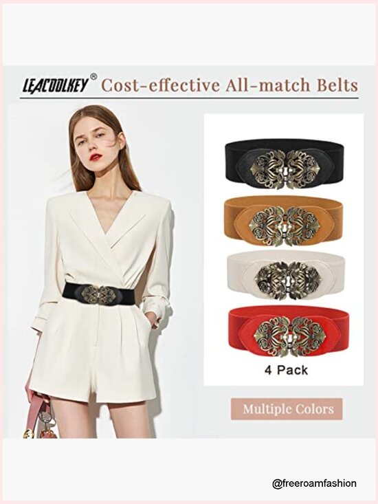 Wide Elastic Cinch Belt with Interlocking Buckle, Stretch Dress Belt